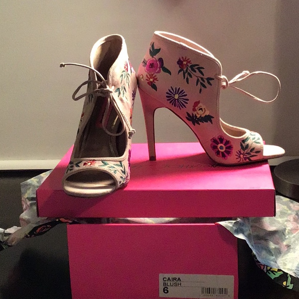 Betsy Johnson blush stiletto heels with floral embroidery